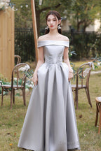 Gray Saitn Lace Long Prom Dress, A-Line Evening Dress