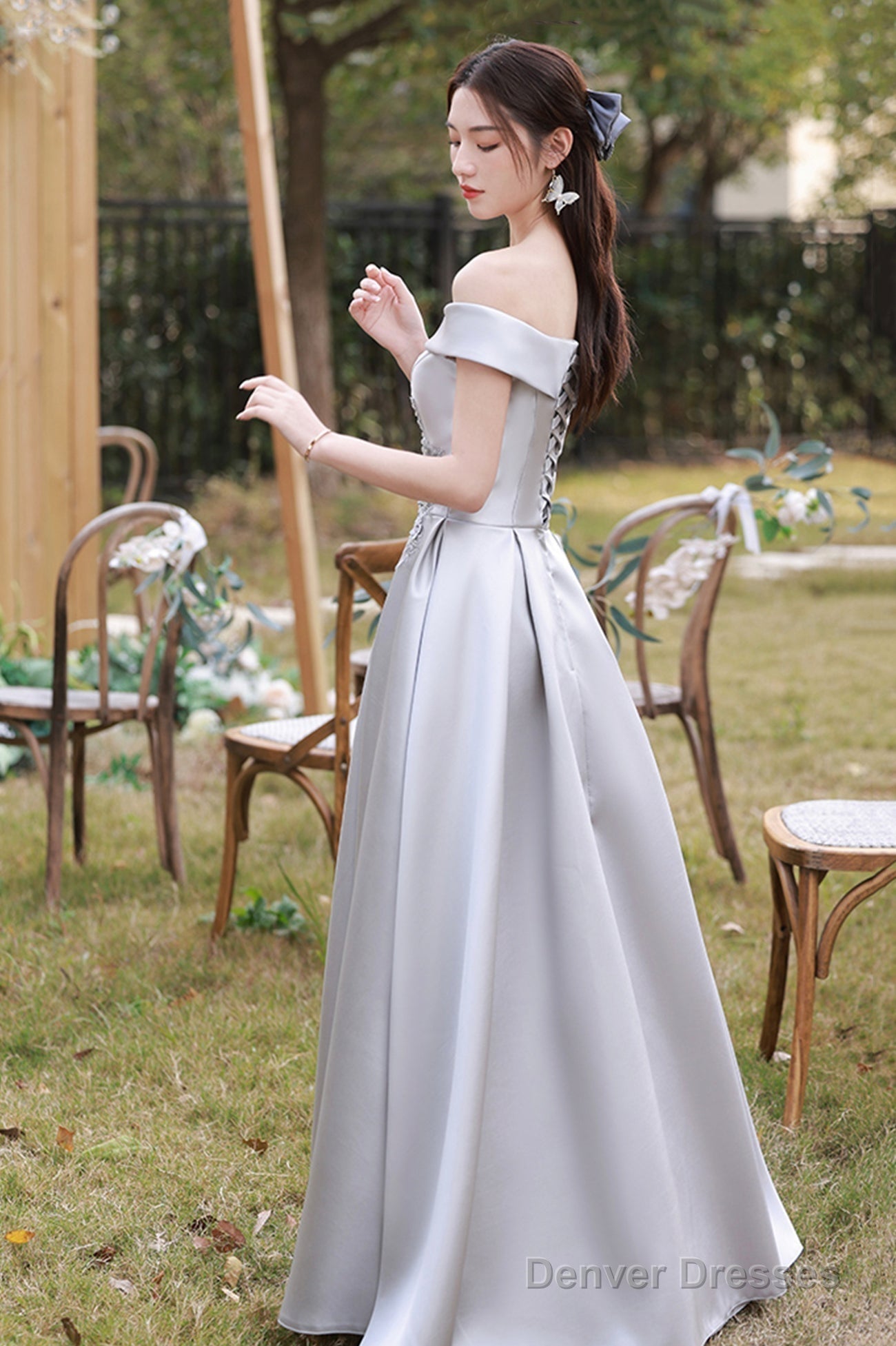 Gray Saitn Lace Long Prom Dress, A-Line Evening Dress