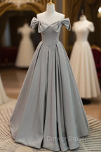 Gray Satin Floor Length Formal Dress with Pearls, Cute A-Line Prom Dress