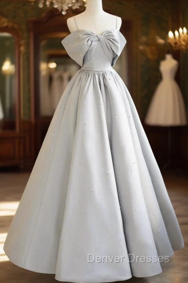 Gray Satin Long Prom Dress, A-Line Spaghetti Straps Evening Graduation Dress