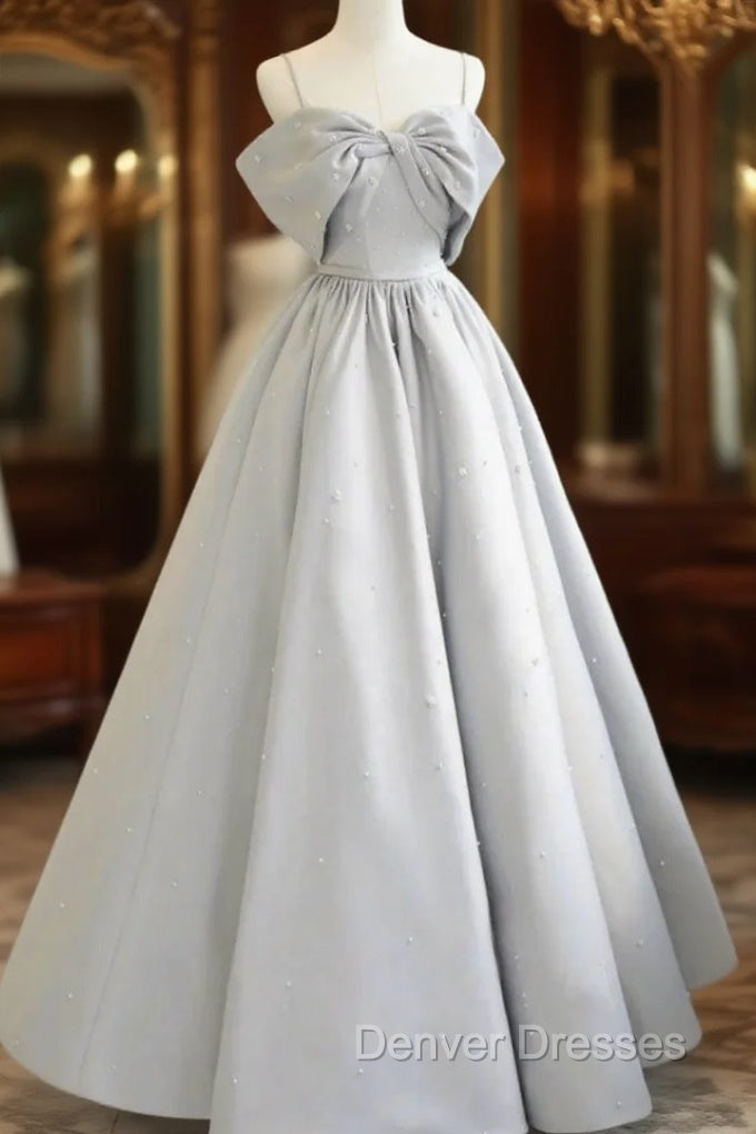 Gray Satin Spaghetti Straps Pearls Prom Dress Main image