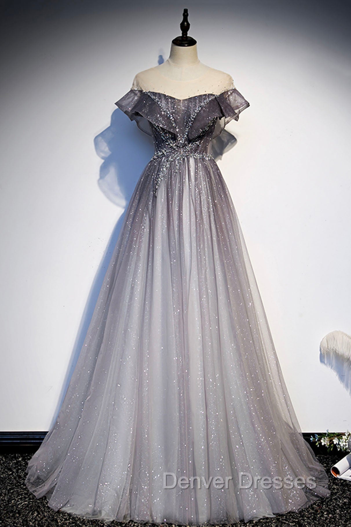 Gray Scoop Neckline Tulle Long Formal Dress, A-Line Evening Graduation Dress Main image