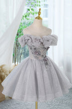 Gray Scoop Neckline Tulle Sequins Short Prom Dress, A-Line Off The Shoulder Evening Party Dress