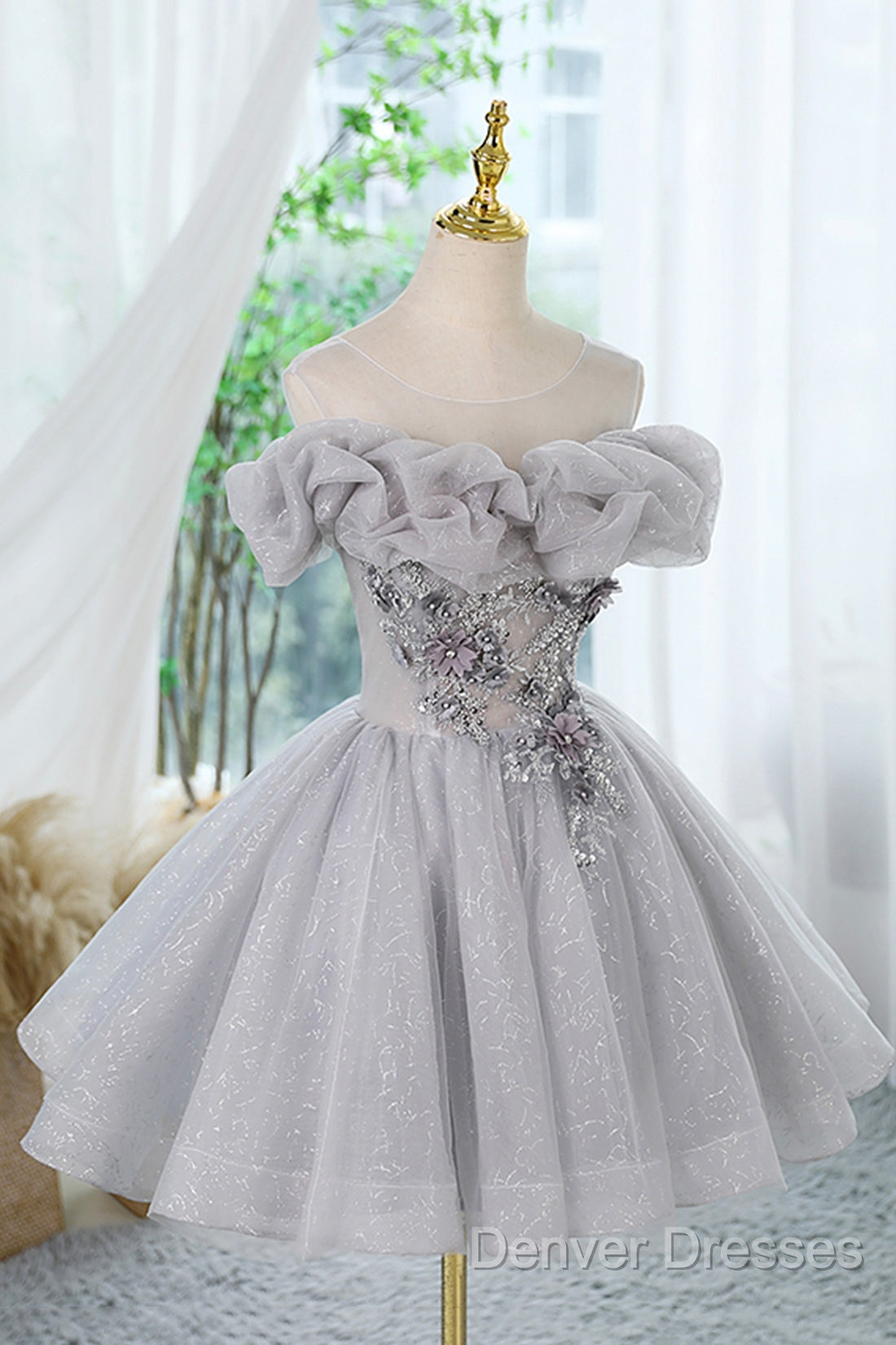 Gray Scoop Neckline Tulle Sequins Short Prom Dress, A-Line Off The Shoulder Evening Party Dress