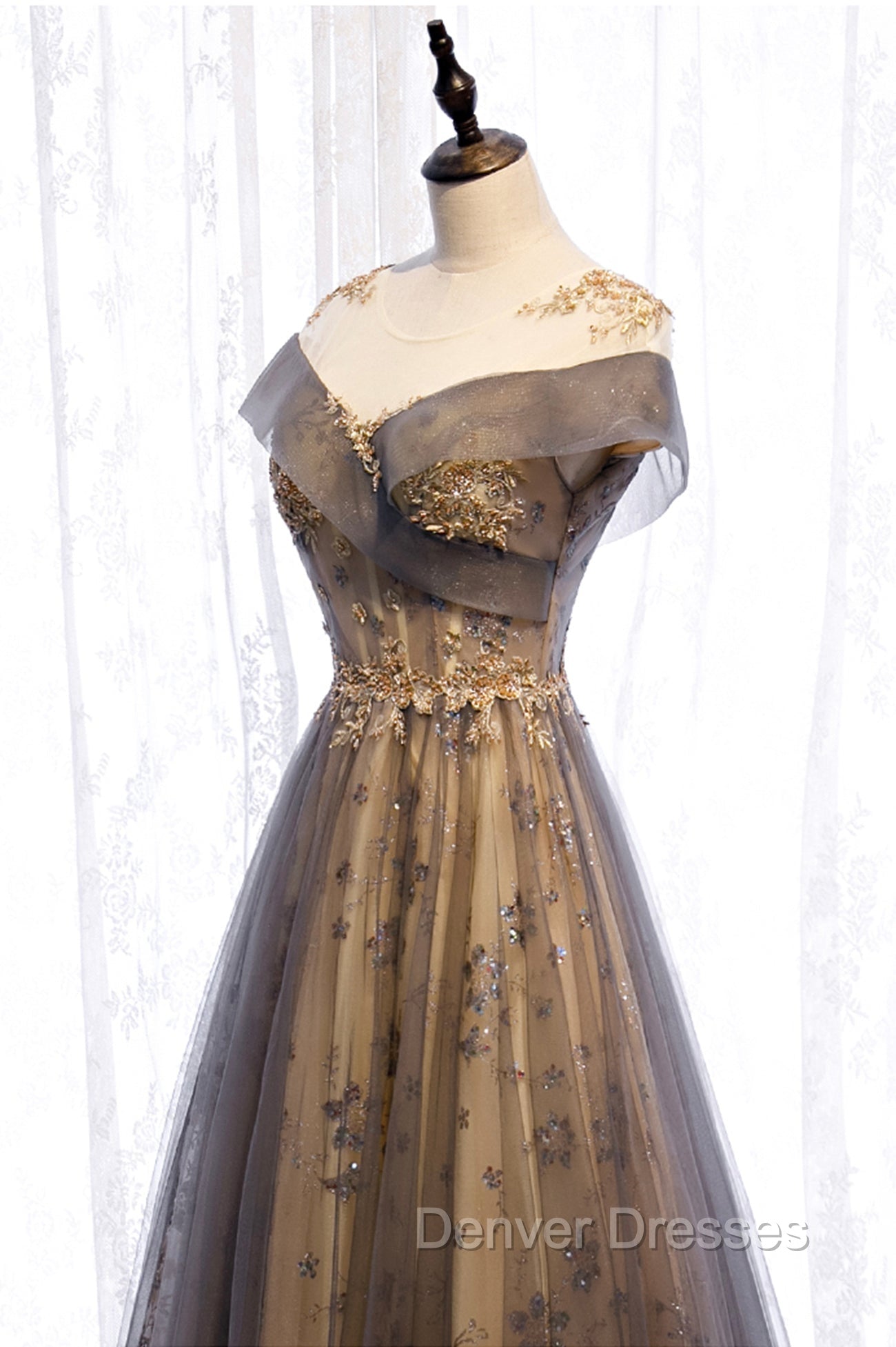 Gray Scoop Tulle Sequins Long Prom Dress, A-Line Evening Party Dress Secondary image