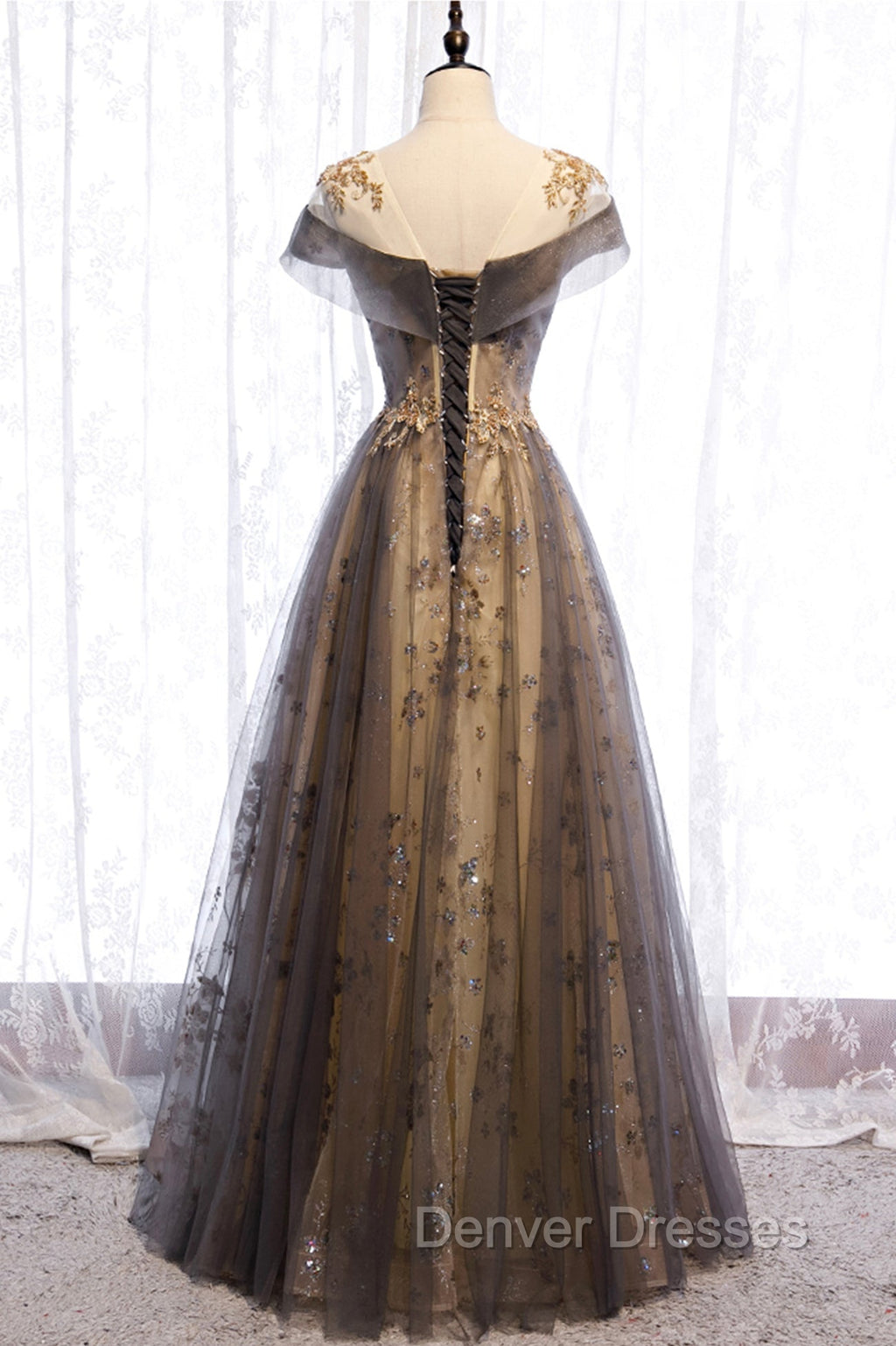 Gray Scoop Tulle Sequins Long Prom Dress, A-Line Evening Party Dress