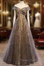Gray Scoop Tulle Sequins Long Prom Dress, A-Line Evening Party Dress