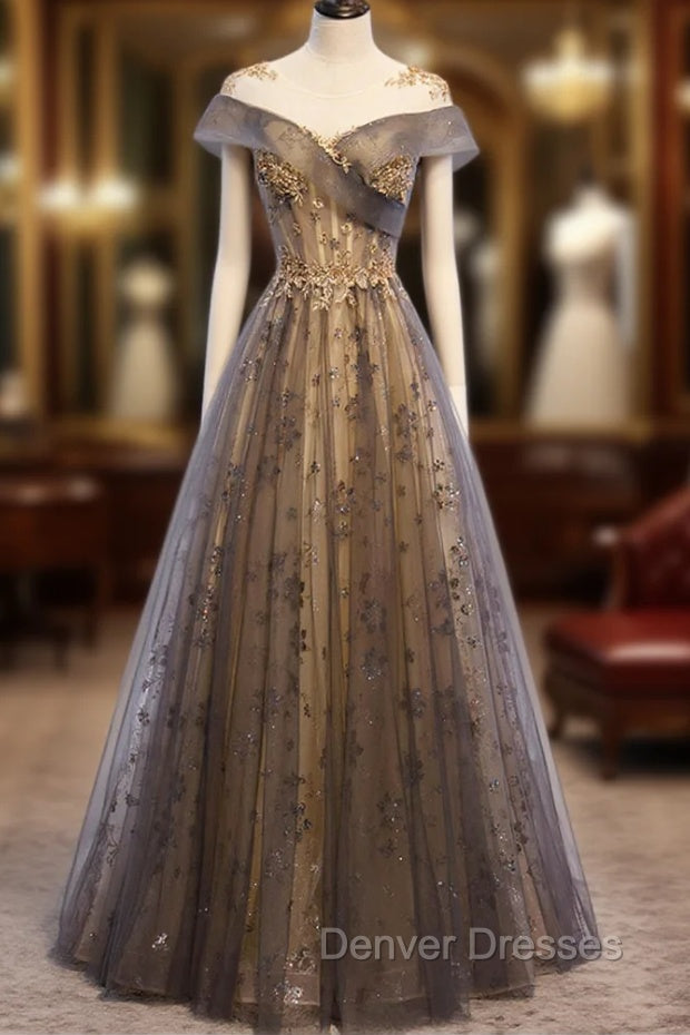 Gray Scoop Tulle Sequins Long Prom Dress, A-Line Evening Party Dress Main image
