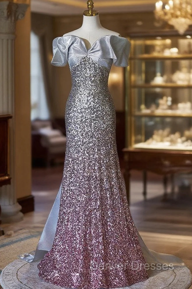 Gray Sequins Off the Shoulder Bow Prom Dress