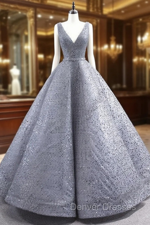 Gray Sequins Pearls V-neck Sleeveless Prom Dress Main image