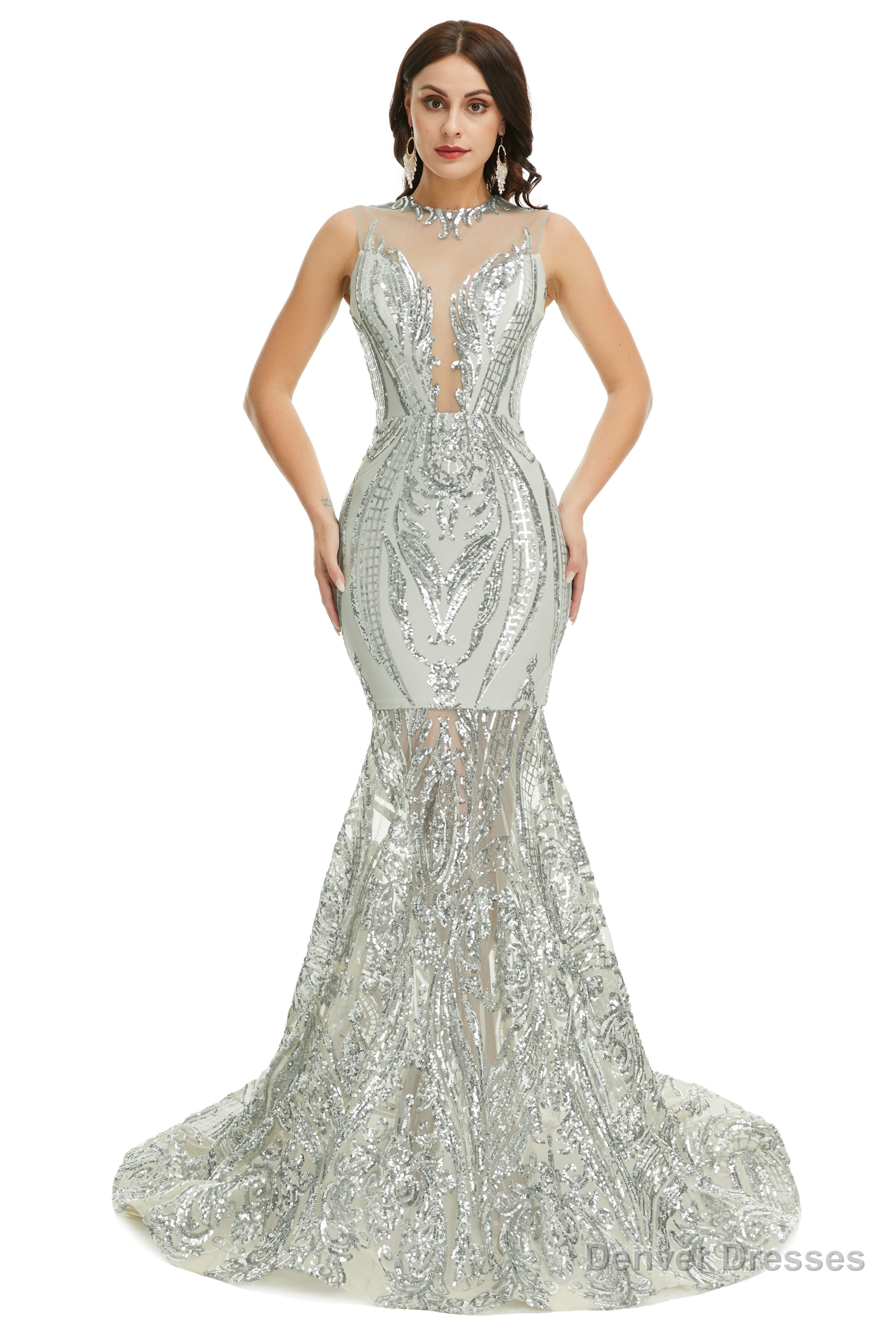 Sequins Sleeveless Floor Length Crew Neck Prom Dresses