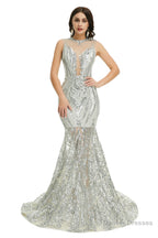 Sequins Sleeveless Floor Length Crew Neck Prom Dresses