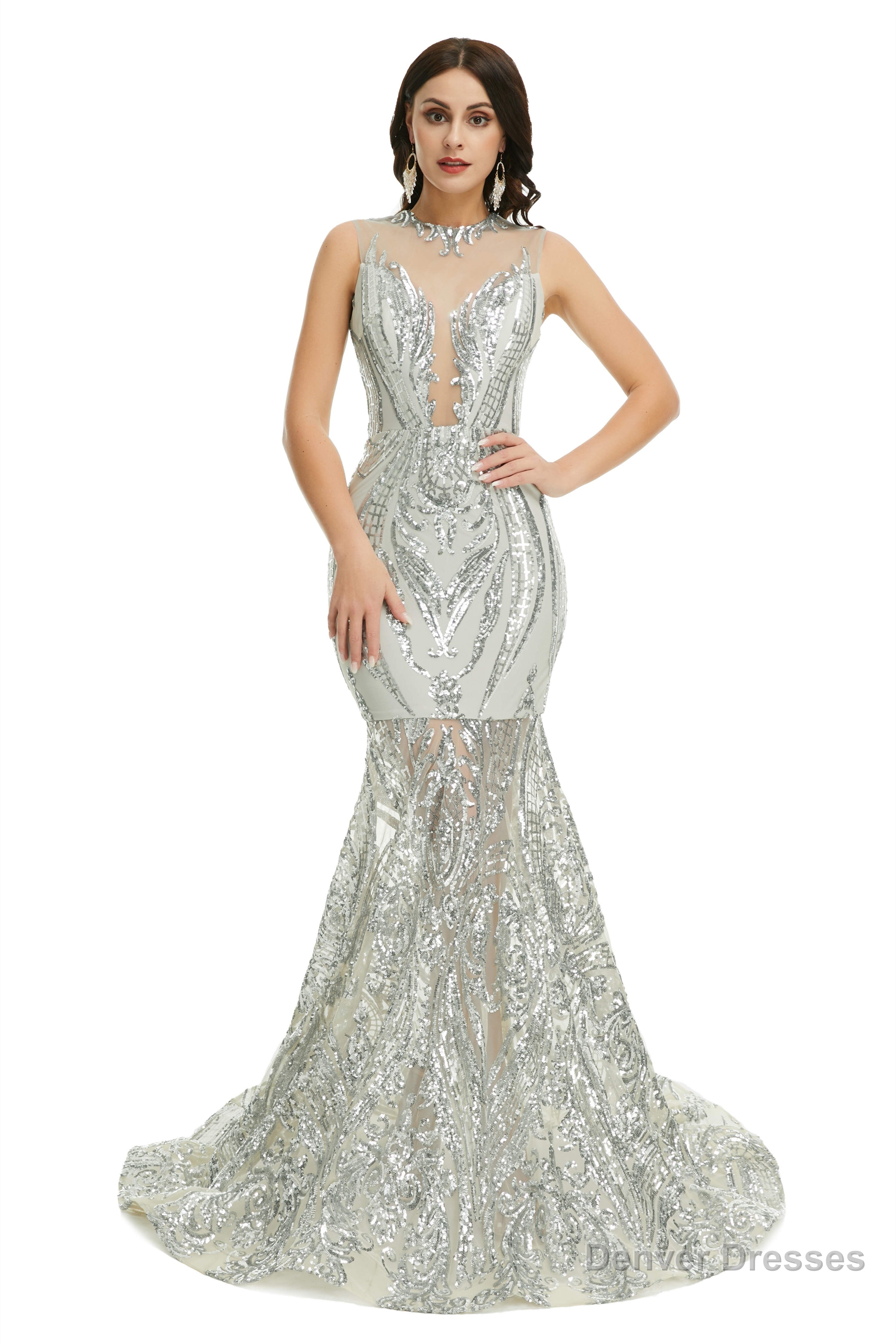 Sequins Sleeveless Floor Length Crew Neck Prom Dresses