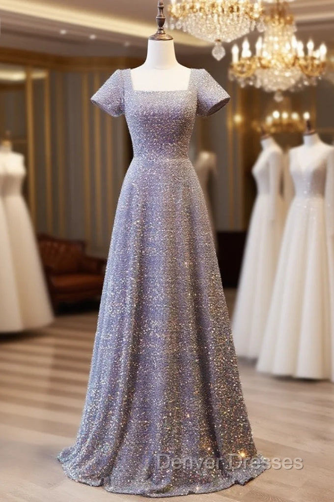 Gray Sequins Square Short Sleeve Prom Dress