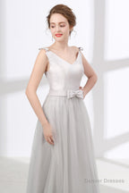 Gray Silver V Neck Tulle Prom Dresses