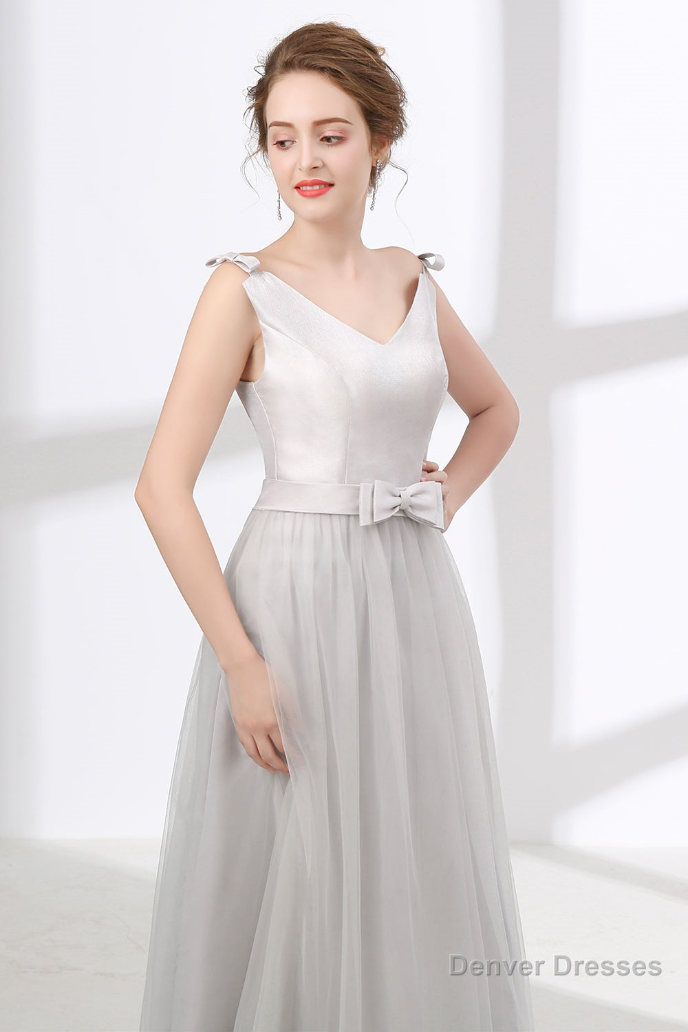 Gray Silver V Neck Tulle Prom Dresses