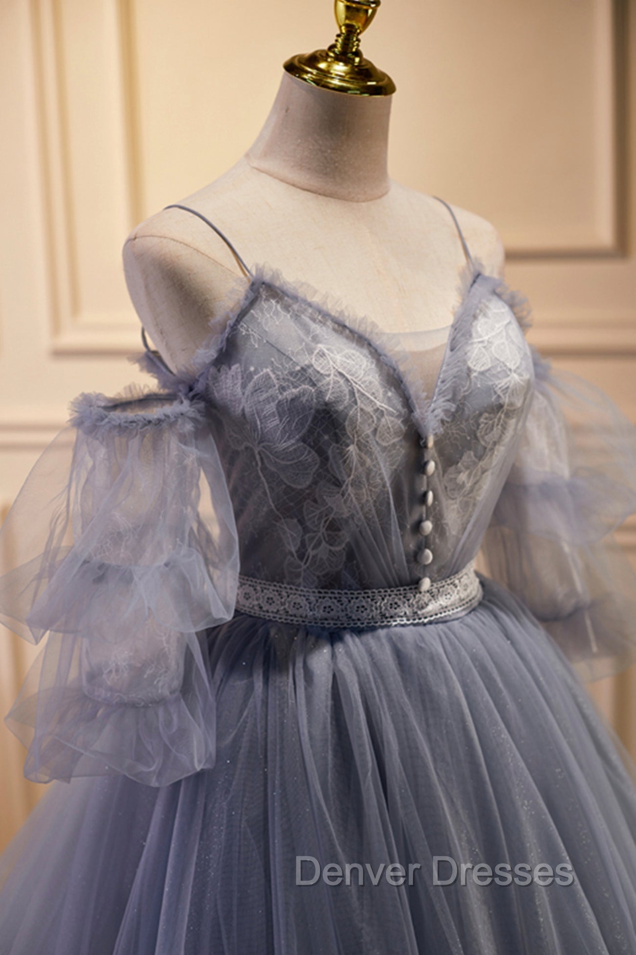 Gray Spaghetti Strap Lace Long Prom Dress, Off the Shoulder Evening Party Dress Secondary image