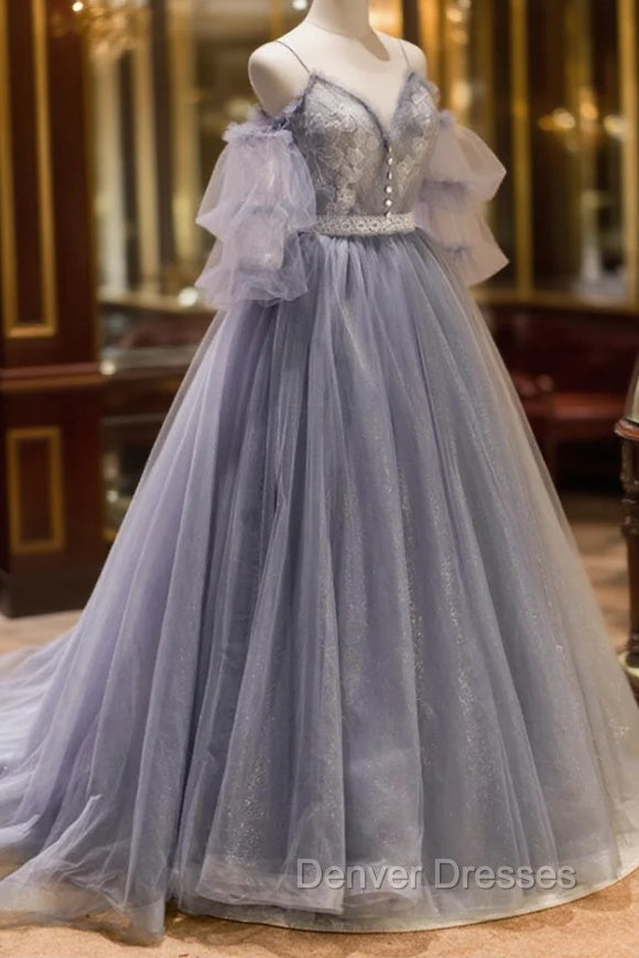 Gray Spaghetti Strap Lace Long Prom Dress, Off the Shoulder Evening Party Dress