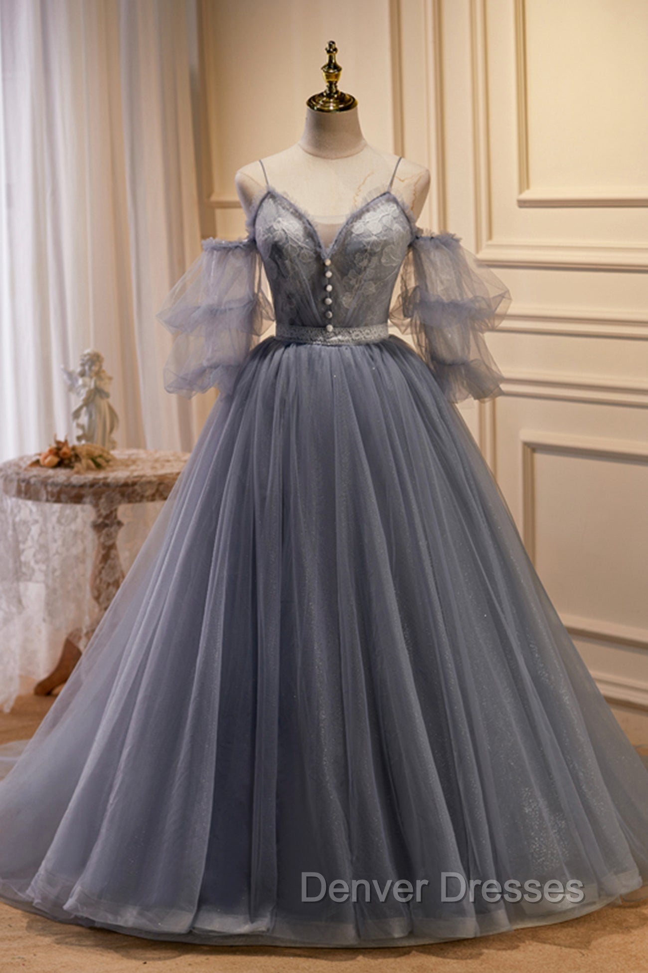 Gray Spaghetti Strap Lace Long Prom Dress, Off the Shoulder Evening Party Dress Main image