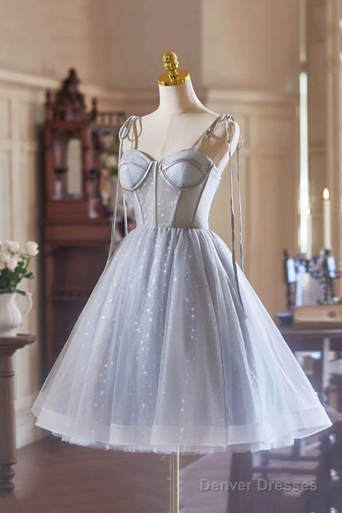 Gray Spaghetti Strap Tulle Short Prom Dress, Lovely A-Line Party Dress With Corset Secondary image