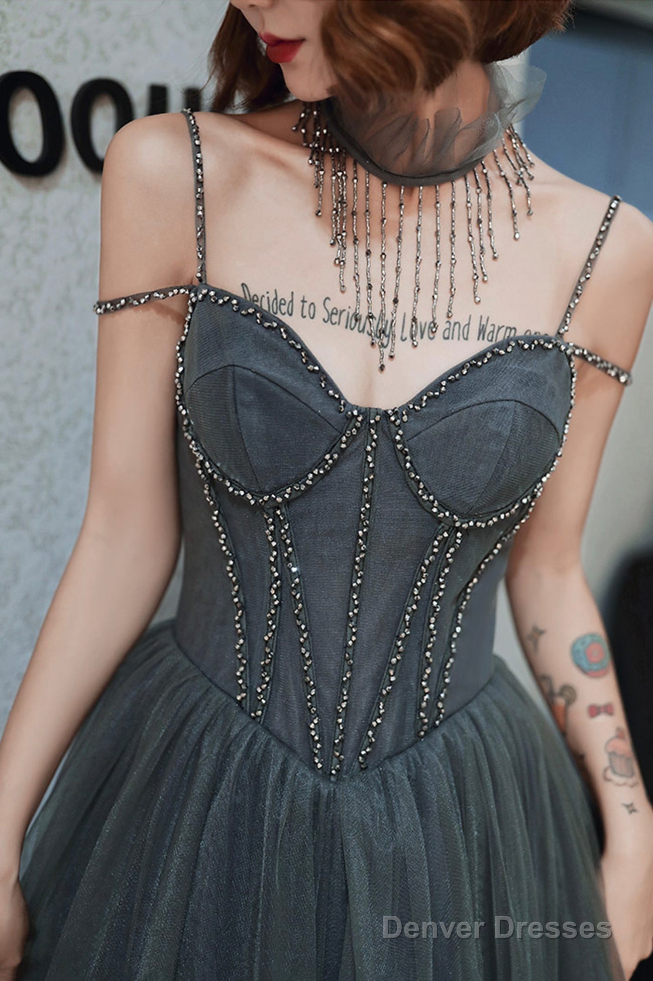 Gray Spaghetti Straps Tulle Long Prom Dress, A-Line Evening Party Dress Secondary image