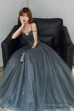 Gray Spaghetti Straps Tulle Long Prom Dress, A-Line Evening Party Dress