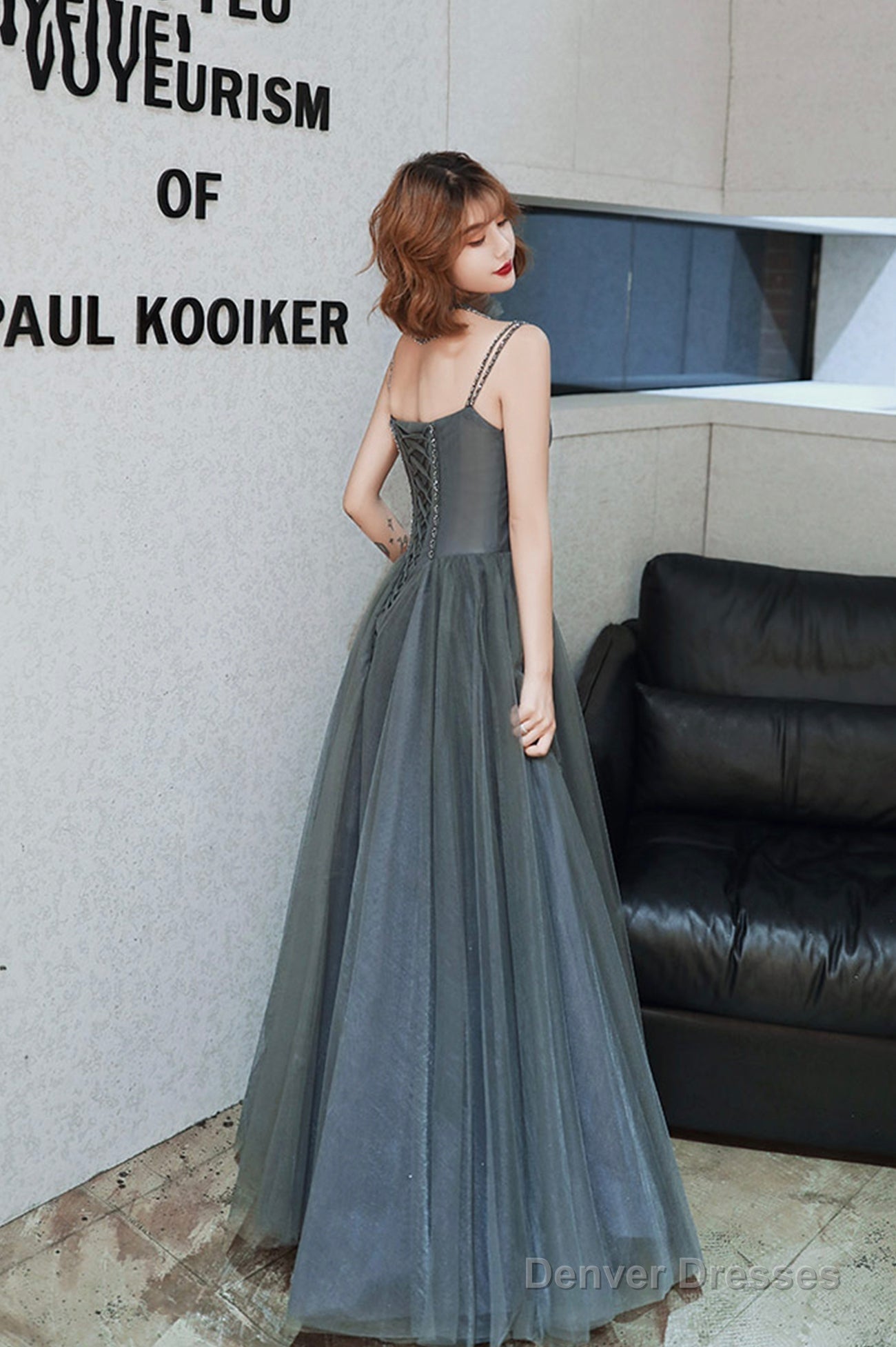 Gray Spaghetti Straps Tulle Long Prom Dress, A-Line Evening Party Dress