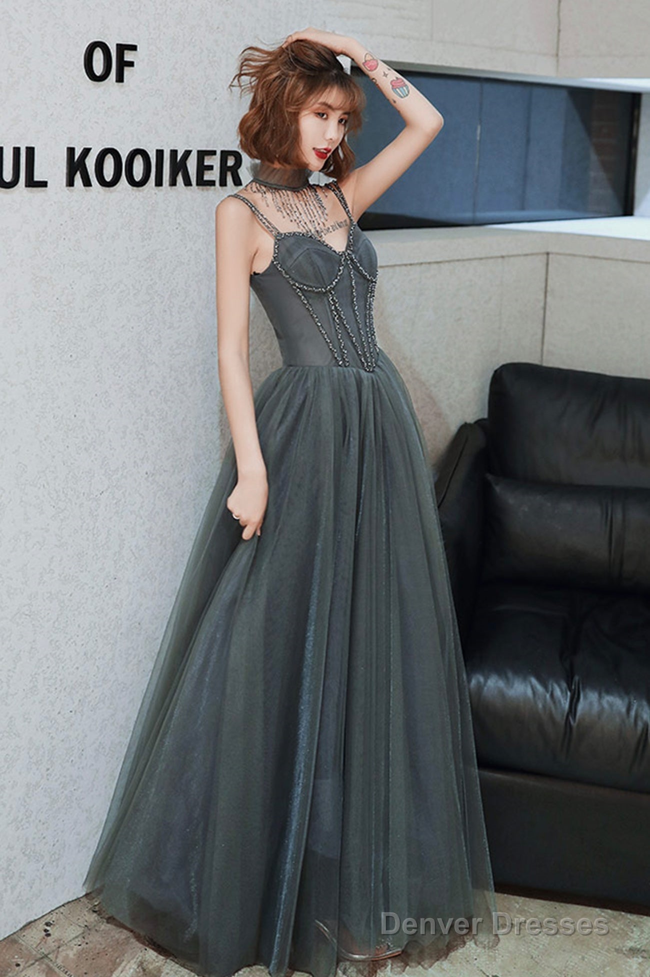Gray Spaghetti Straps Tulle Long Prom Dress, A-Line Evening Party Dress Main image
