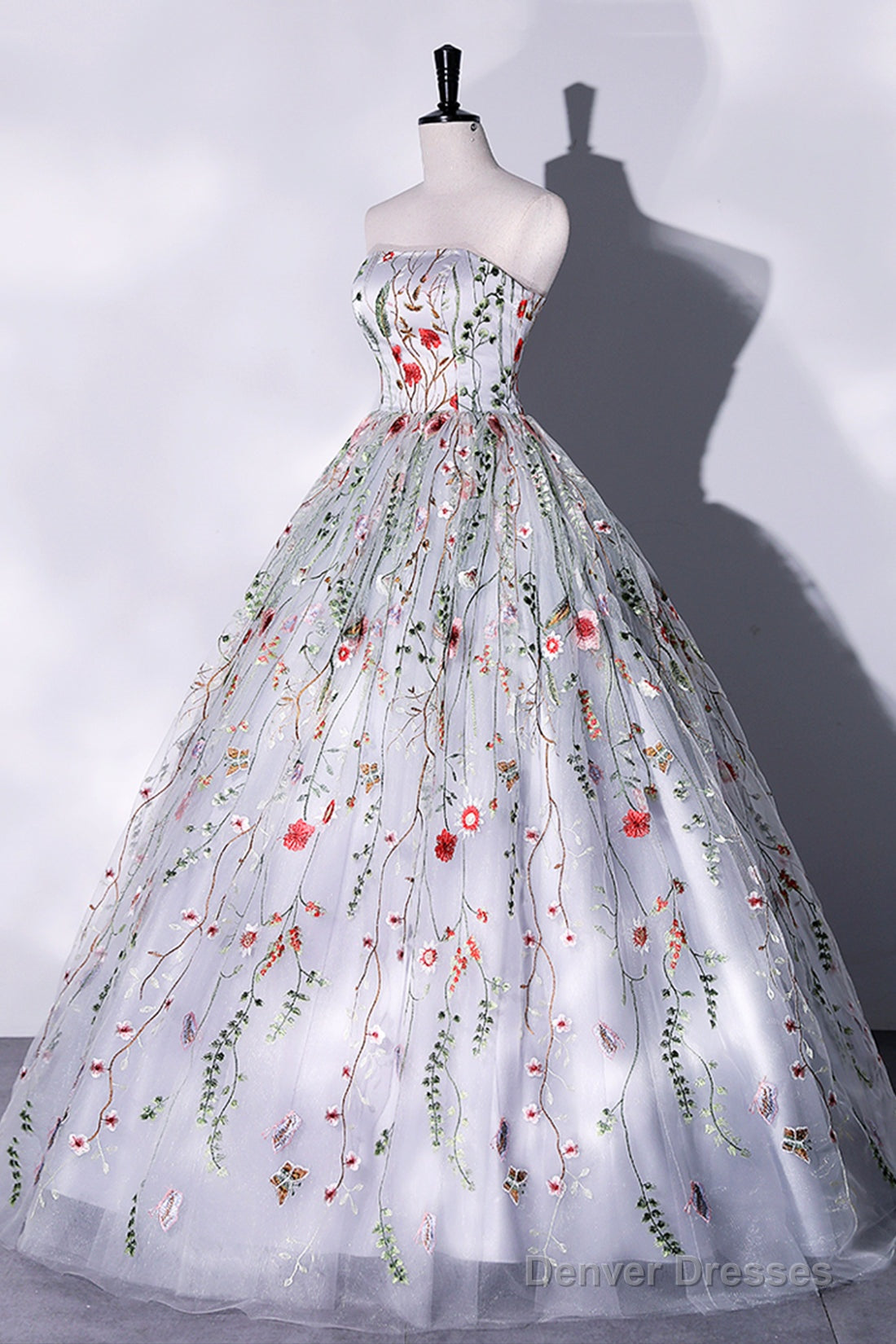 Gray Strapless Floral Tulle Long Prom Dress, Cute A-Line Evening Party Dress