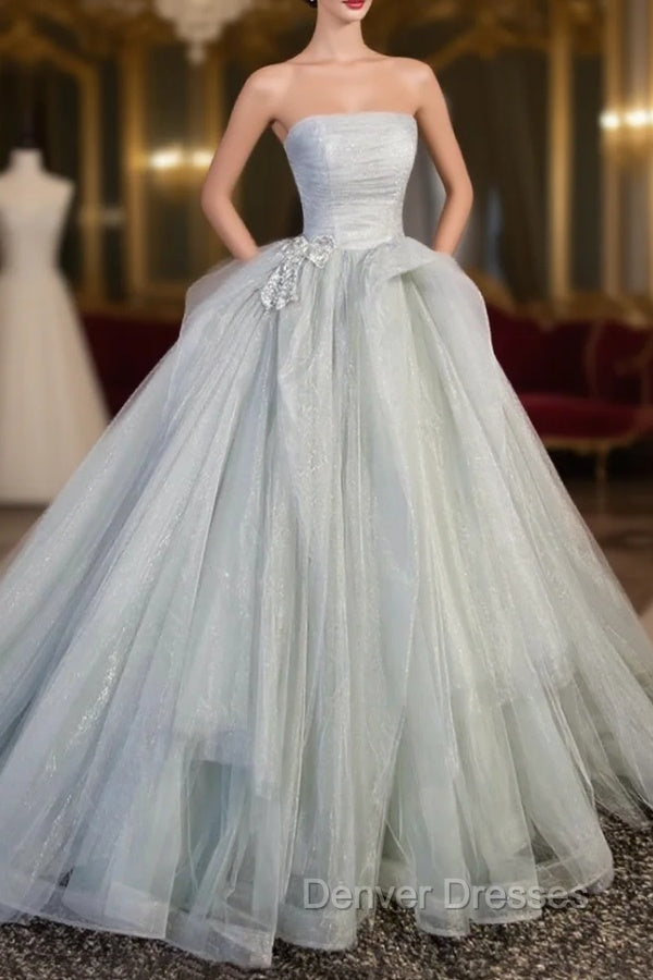 Gray Strapless Long Formal Dress, Gray Tulle Evening Dress Party Dress