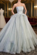Gray Strapless Long Formal Dress, Gray Tulle Evening Dress Party Dress
