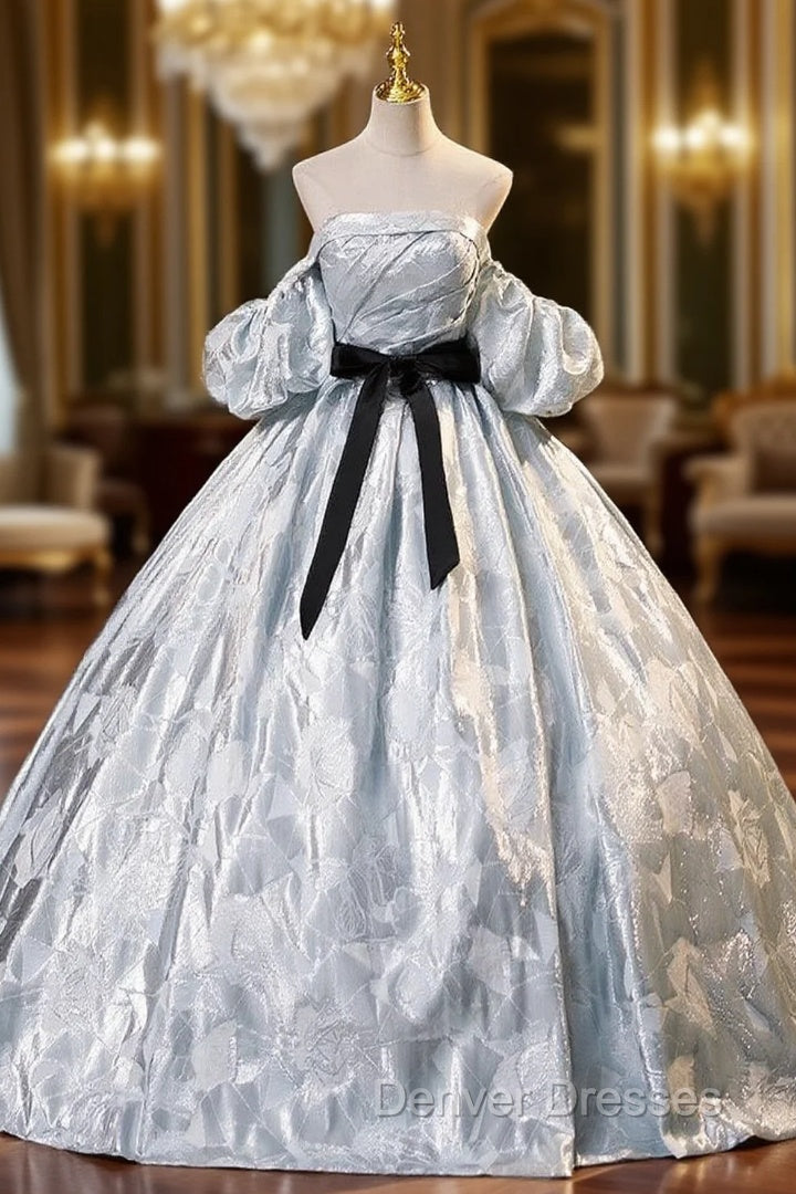 Gray Strapless Pleats Puff Sleeve Quinceanera Dress