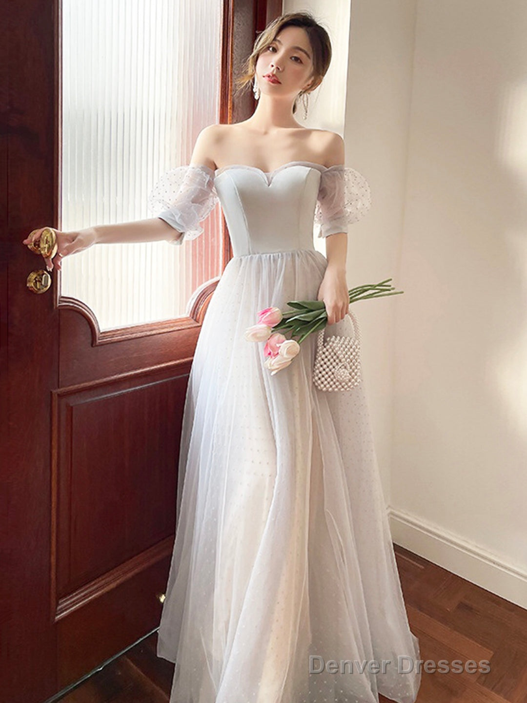 Gray Strapless Tulle Long Prom Dress, Lovely A-Line Evening Dress Main image