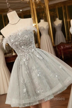 Gray Strapless Tulle Short Prom Dress with Sequins, Cute A-Line Party Dress