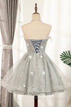 Gray Strapless Tulle Short Prom Dress with Sequins, Cute A-Line Party Dress