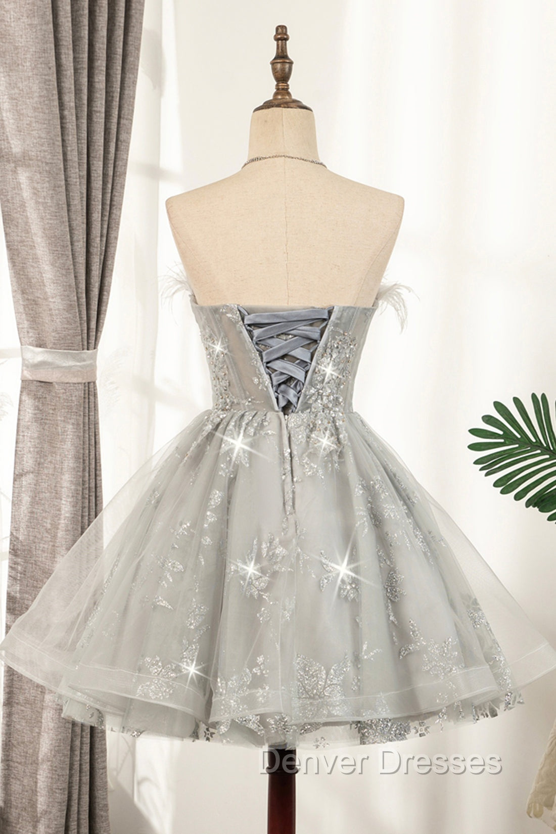 Gray Strapless Tulle Short Prom Dress with Sequins, Cute A-Line Party Dress