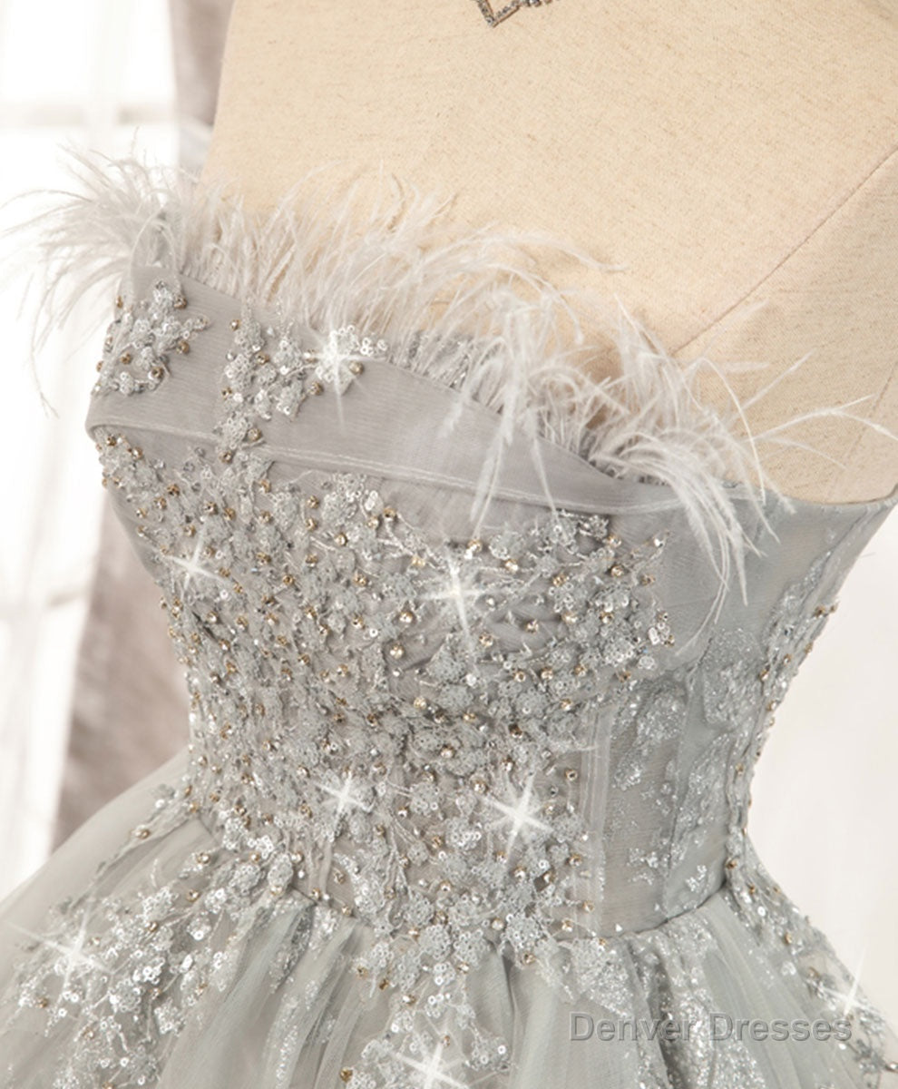 Gray Sweetheart Lace Tulle Short Prom Dress Gray Homecoming Dress
