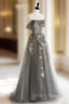 Gray Sweetheart Neck A line Lace Long Prom Dress, Gray Formal Dress