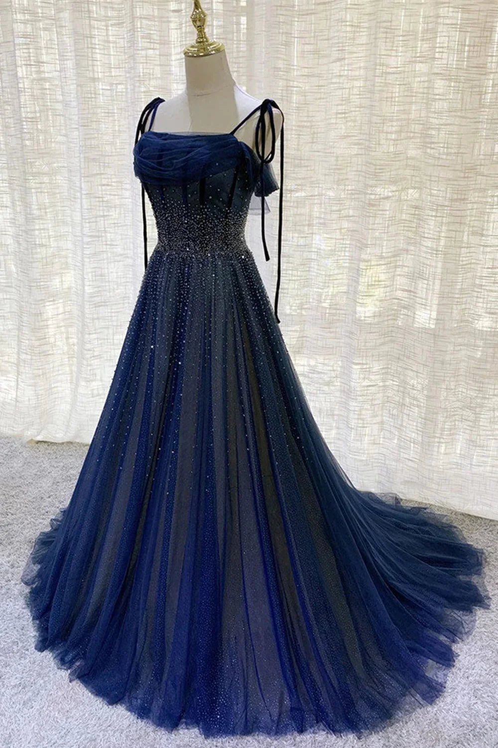 Dark Blue Gorgeous Shiny Sequins Long Elegant Tulle Ball Gown Evening Dress Main image