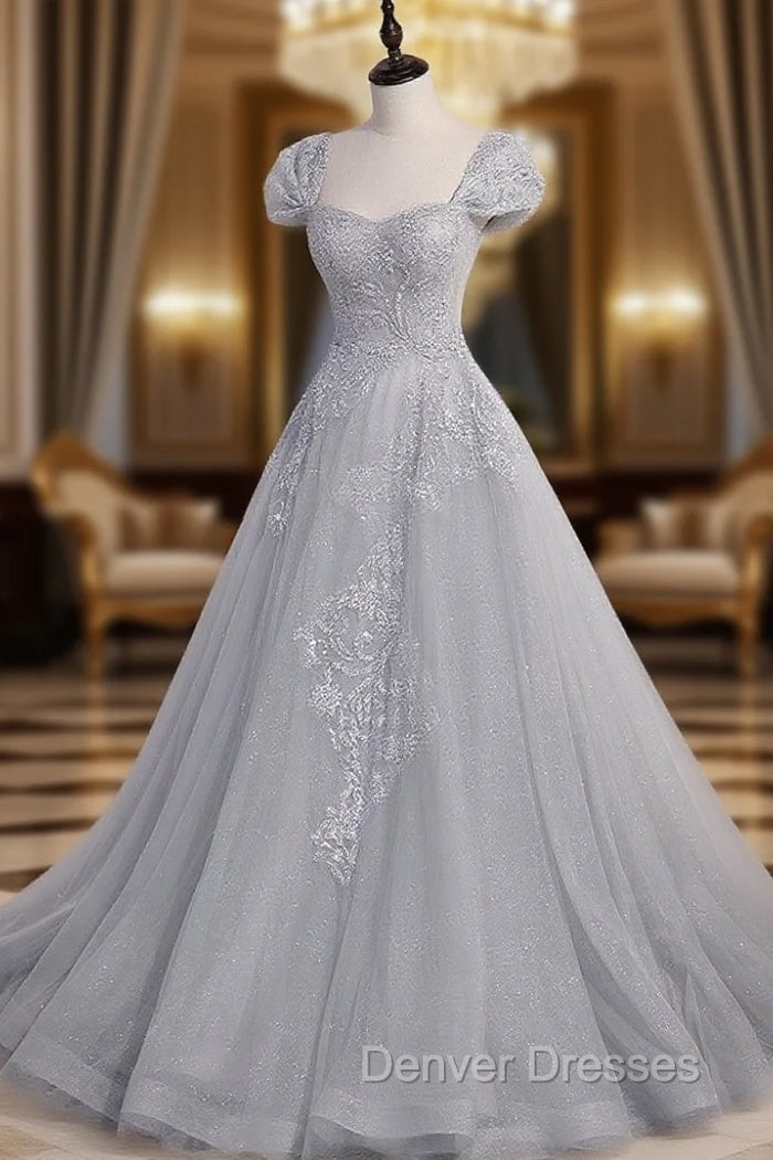 Gray Sweetheart Neck Tulle Lace Long Prom Dress, Gray Evening Dress Main image