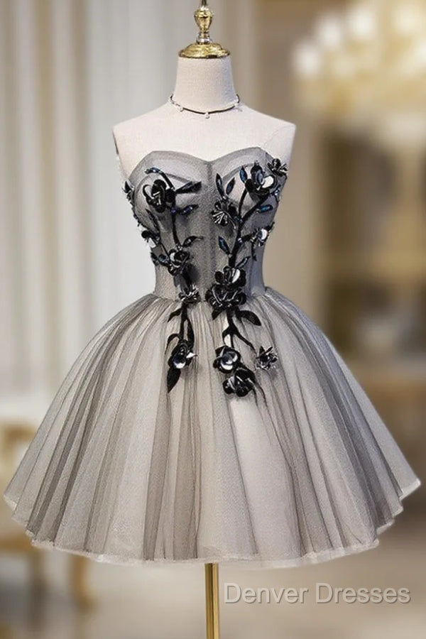 Gray Sweetheart Neck Tulle Lace Short Prom Dress, Cute Homecoming Dress Main image