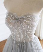 Gray Sweetheart Tulle Beads Long Prom Dress Gray Tulle Formal Dress