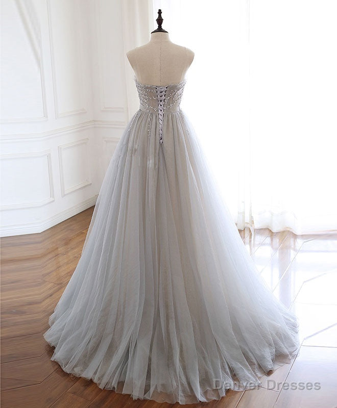 Gray Sweetheart Tulle Beads Long Prom Dress Gray Tulle Formal Dress Secondary image