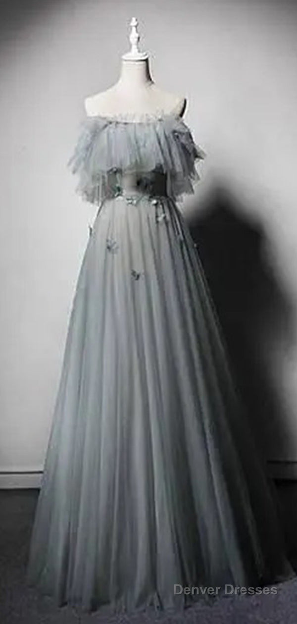 Gray Tulle A-Line Off Shoulder Prom Dress, Secondary image