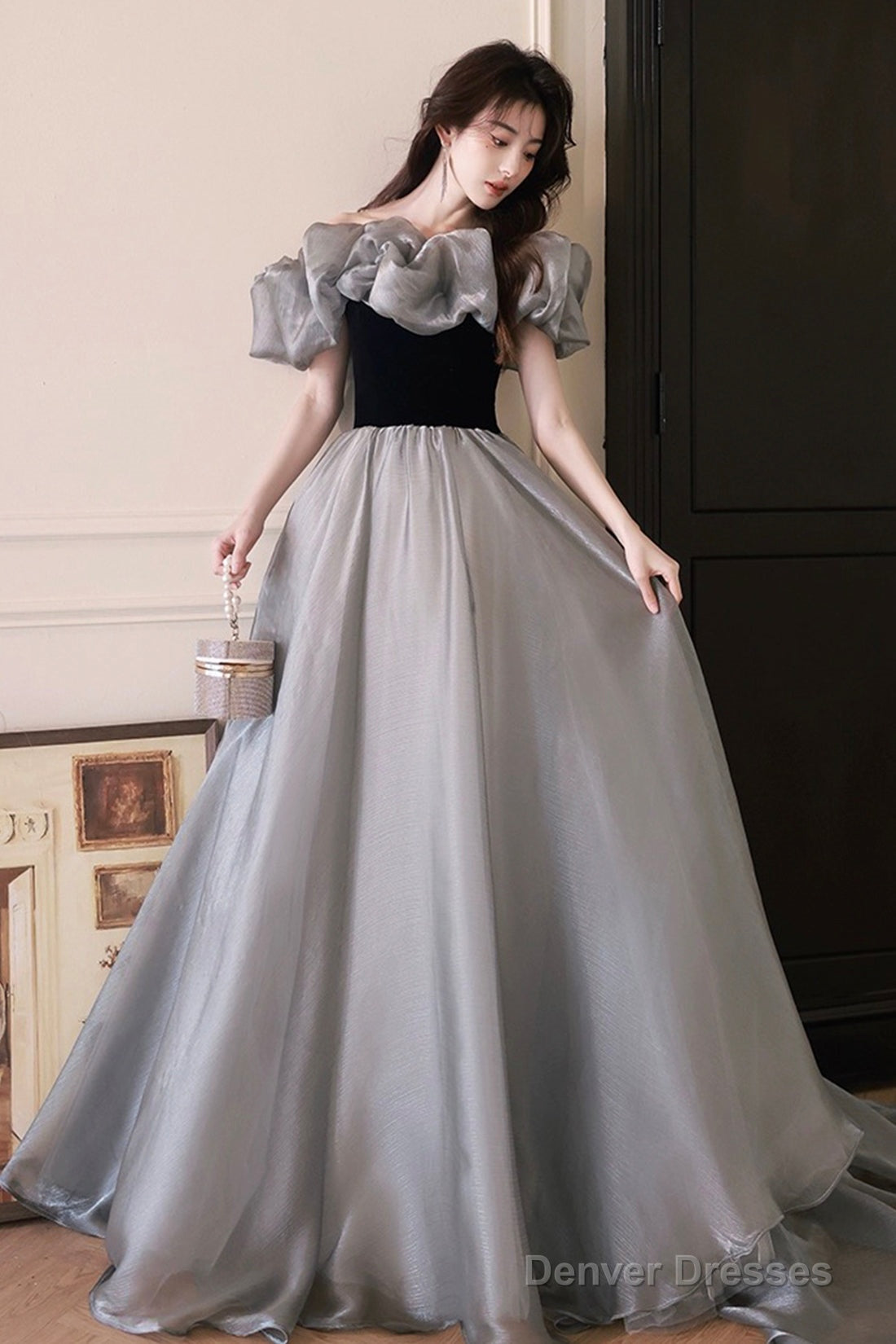 Gray Tulle And Black Velvet Long Prom Dress, Off The Shoulder Evening Party Dress Main image
