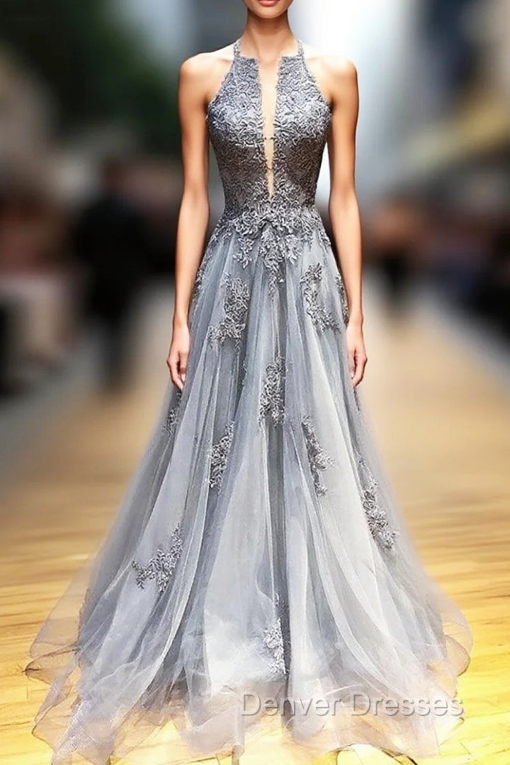 Gray Tulle Appliques Halter Backless Prom Dress Main image