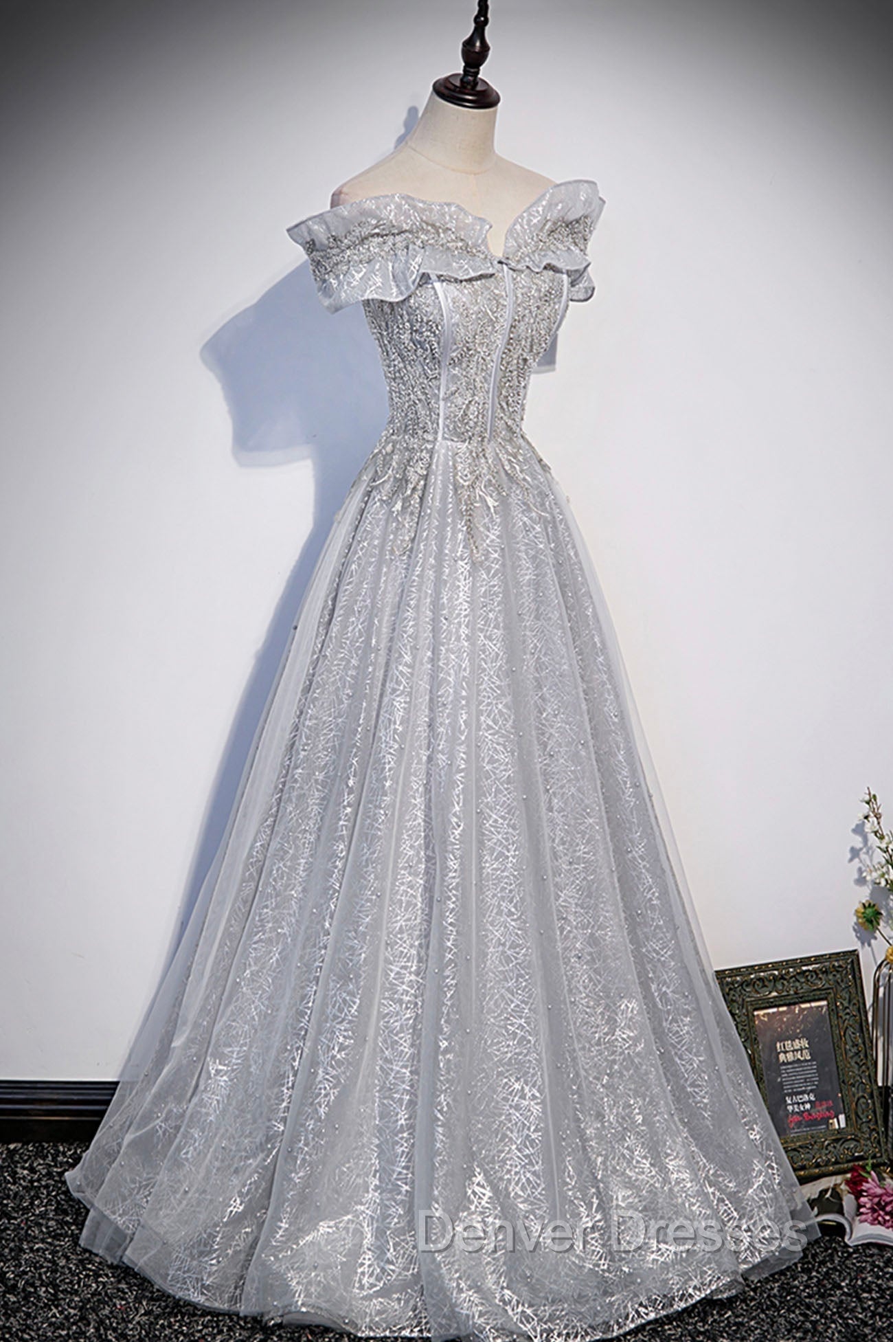 Gray Tulle Beaded Long A-Line Prom Dress, Cute Evening Party Dress Secondary image