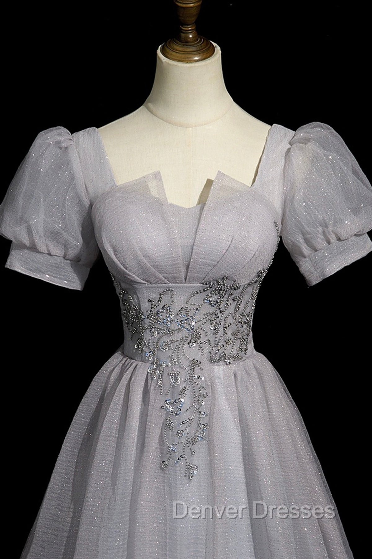 Gray Tulle Beaded Long Prom Dress, A-Line Short Sleeve Evening Party Dress Secondary image