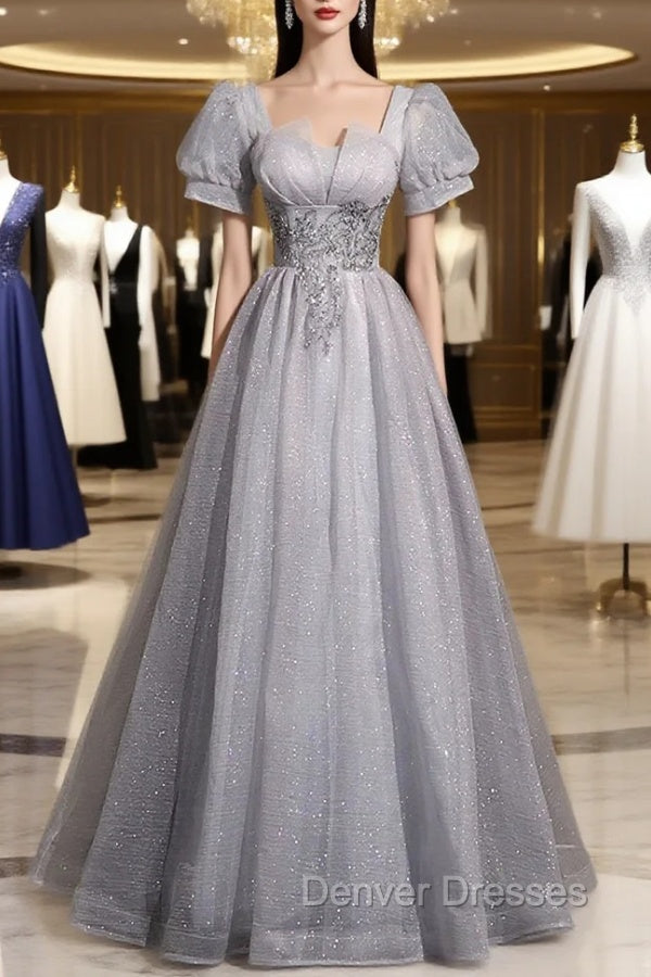 Gray Tulle Beaded Long Prom Dress, A-Line Short Sleeve Evening Party Dress Main image
