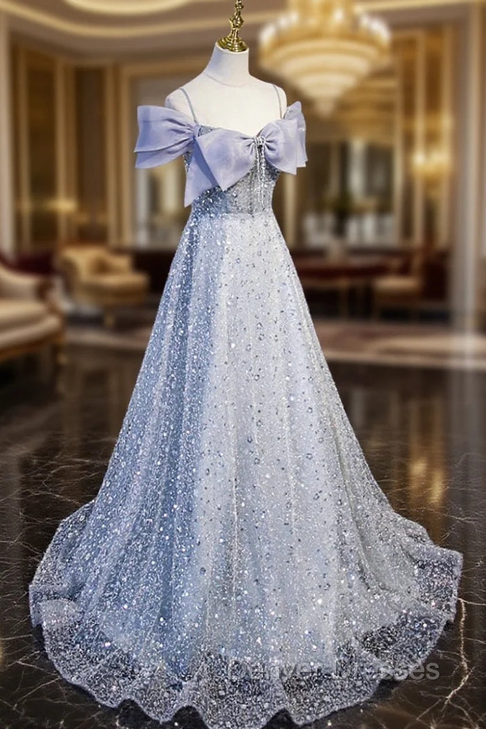 Gray Tulle Beaded Long Prom Dress, Off the Shoulder Evening Dress with Bow